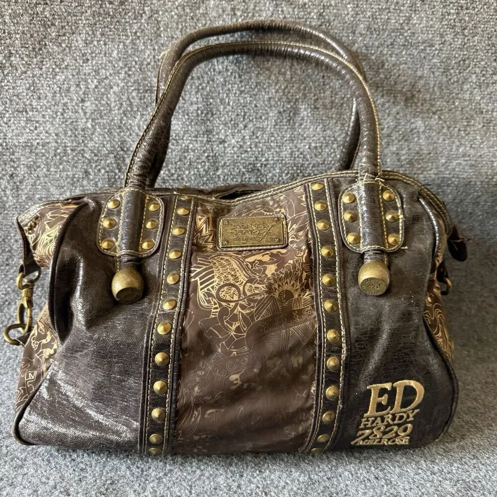 Y2k Ed Hardy 7820 Melrose Brown Studded Satchel Top Handle Bag Graphic Print - Picture 3 of 13